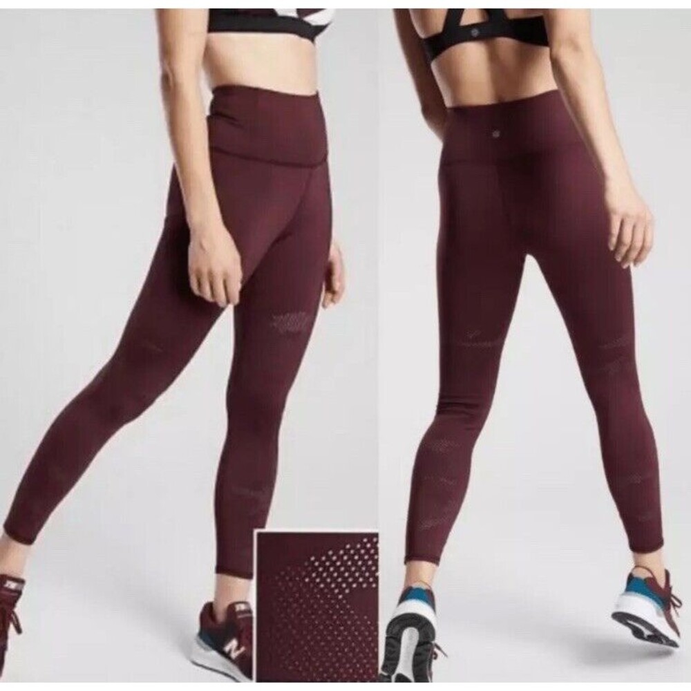 New Athleta Persistence Laser Cut 7/8 Tight Leggings Burgundy Red Womens Size S